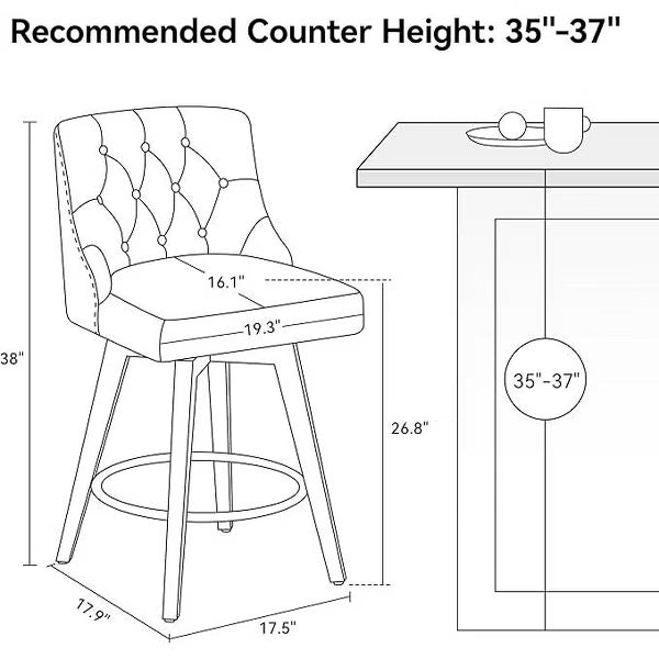Dyonery Swivel Fabric Bar Stools, 26.8" Counter Height & 30" Bar Height, Tufted Upholstered Farmhouse Kitchen Island Chairs