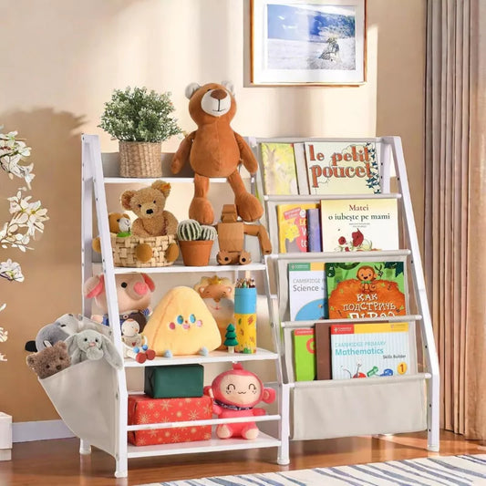 Unikito Kids Bookshelf, Book Shelf with Side Pocket, 4 Tier Sling Bookcase Toy Organizer Toddler Nursery Book Shelves, White, 33.9"x 11.8" x 30.9"