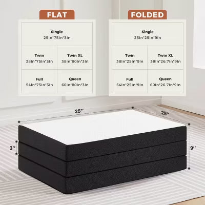 My Depot 4 Inch Tri Folding Mattress Queen Size Portable Memory Foam Mattress for Floor with Washable Cover