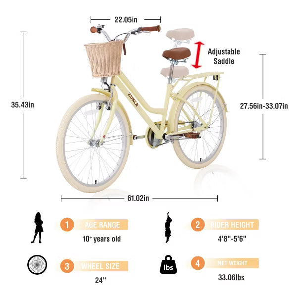 AENKYO 24-Inch Girls Bike with Basket, Low-Step Carbon Steel Frame, Easy to Assemble Adjustable Seat - Kids Bicycle for Boys and Girls