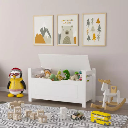 Kids Toy Box Chest, White Rubber Wood Toy Box for Boys Girls, Large Storage Cabinet with Flip-Top Lid/Safety Hinge