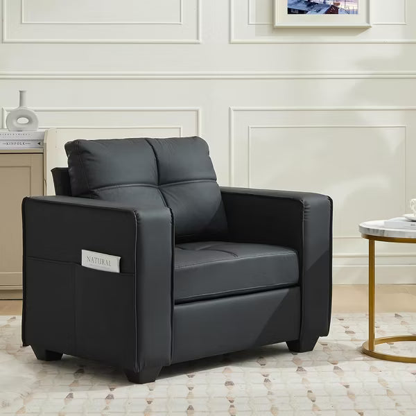 TYBOATLE Faux Leather Tufted Single Sofa, Modern Office Reading Chair, Upholstered Armchair with Wood Legs for Reading/Living Room, Black