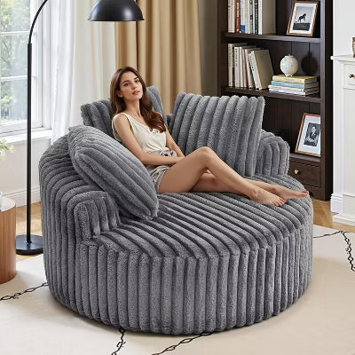 AMERLIFE 54" Oversized Round Lounge Chair, Cloud Corduroy Deep Seat Sofa Bed with Pillow, Anti-Slip Base, No Assembly