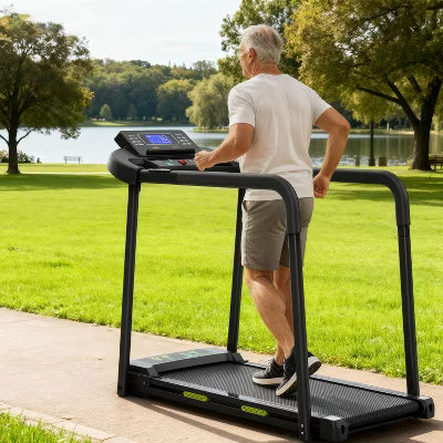 Foldable Walking Pad Treadmill for Seniors, Safe Stable Design with Long Handrail, Large LED Display, 300Lbs Weight Capacity