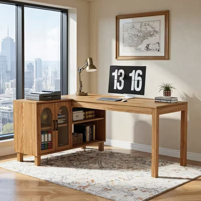 Resenkos Computer Desk, Office Desk, Study Desk,59" L-Shaped Executive Desk, Computer Desk Home Office Desk With Storage Cabinet,Brown