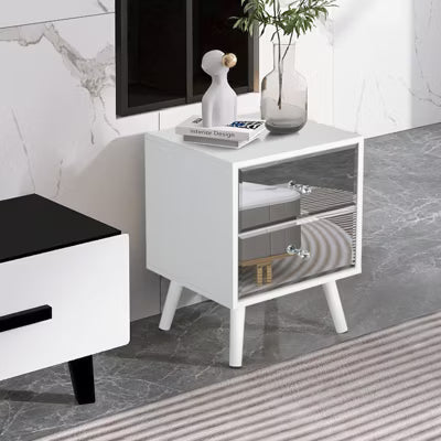 Set of 2 Modern Mirrored 2-Drawer Nightstands/Beside Table with Solid Wood Legs - White
