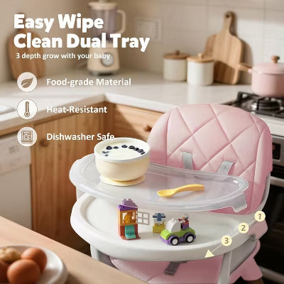 TODECARE High Chair, 7 in 1 Convertible Wooden Highchair for Babies & Toddlers with Adjustable Legs, Double Removable Tray, Safety Harness