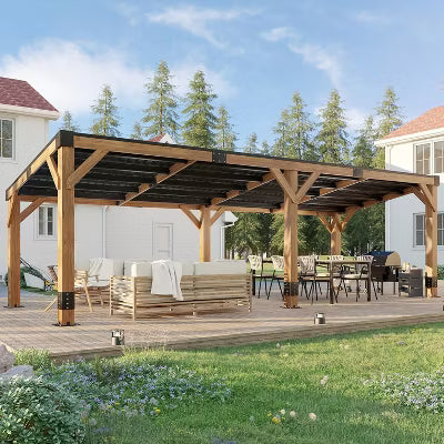 AMERLIFE 10 x 20 FT Solid Wood Gazebo with Metal Hardtop, Grill Canopy Pergola, Natural Spruce