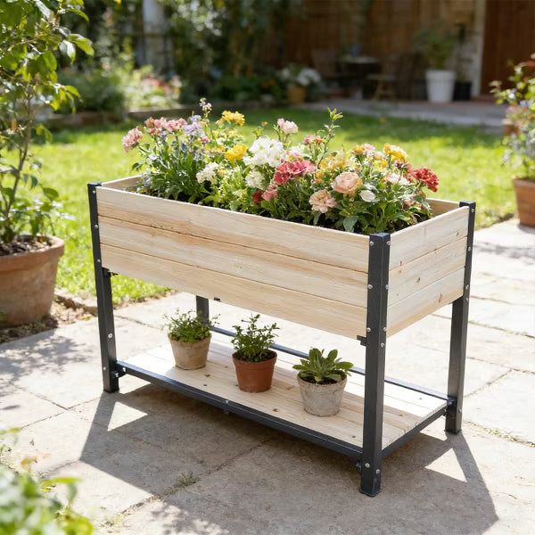 Solid Wood & Iron Frame Raised Garden Bed - Reversible & Replaceable Wood Panels, No Paint/Formaldehyde, DIY Planter Box for Vegetables, Flowers