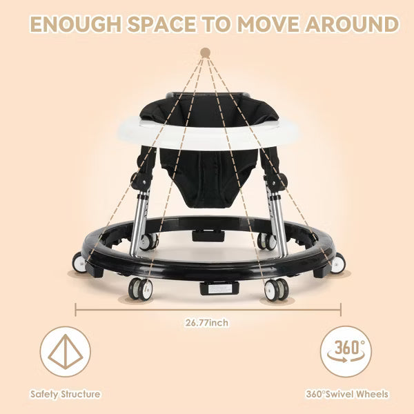 Wismind Foldable Baby Walker with Adjustable Height and Wheels, Portable Anti-Rollover Design-Black