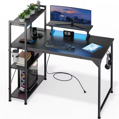 42 Inch Gaming Desk, L-Shaped Computer Desk with LED Lights, Monitor Stand, Power Outlets and Storage Drawer