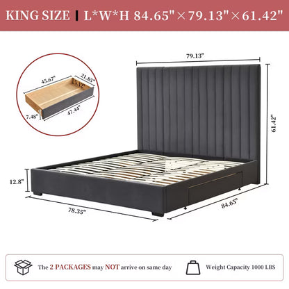 King Size Upholstered Storage Bed Frame 61.42" Tall Velvet Headboard with 2 Large Drawers,Sturdy Metal Frame,No Box Spring Needed,Easy Assembly,Grey