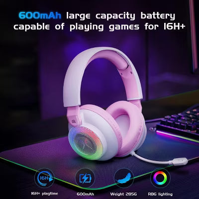 Tri-mode gaming headset, over-ear design, RGB lighting, noise cancellation, long battery life, multi-device compatibility.