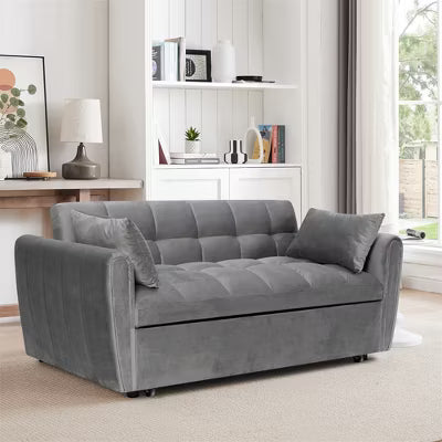 ELJGET 65" 3-in-1 Foldable Large Sofa Bed, Modern Velvet Adjustable Backrest Double Sofa for Living Room & Bedroom, Gray