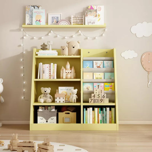 FONTOI Kids Bookshelf, Toy Storage Organizer Cabinet, Children Bookcase, Toddler Baby Sling Book Rack, Adjustable Shelf, Yellow, 35.5*15.8*31.5