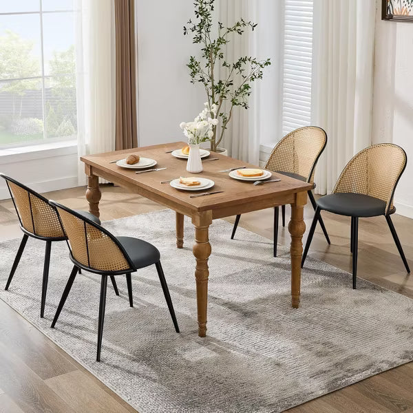 TYBOATLE Rattan Dining Chairs Set of 4, Black Mid-Century Modern Chairs with Faux Leather Cushion & Adjustable Foot Pads for Kitchen or Dining Room