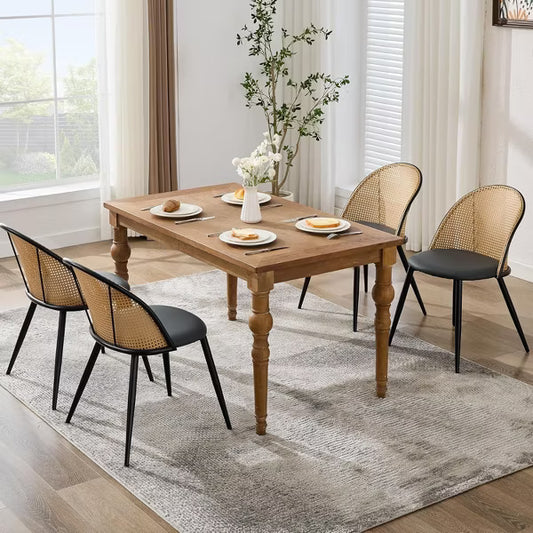 TYBOATLE Rattan Dining Chairs Set of 4, Black Mid-Century Modern Chairs with Faux Leather Cushion & Adjustable Foot Pads for Kitchen or Dining Room
