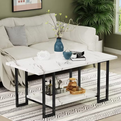 Hooseng 40 Inch Living Room Faux Marble Coffee Table, Top Rectangular 2-Tier Coffee Table with Black Metal Frame for Office