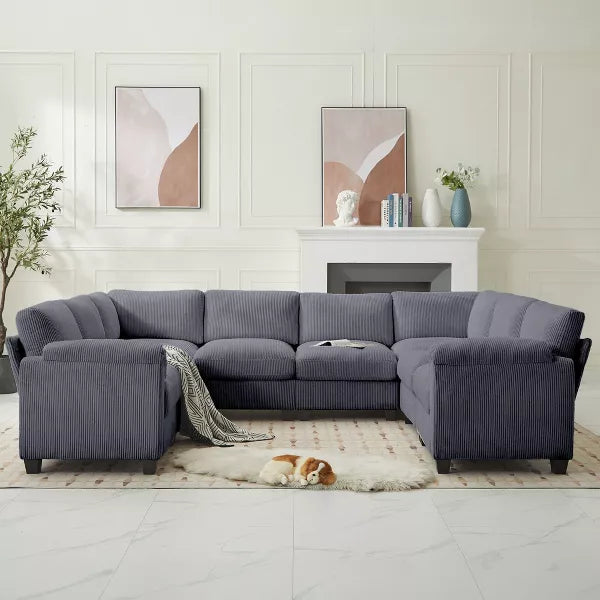 Hyleory Corduroy Oversized Modular Sectional Sofa Couch with Movable Ottoman, Large Seater Corner Sofa for Living Room, Office, Spacious Space