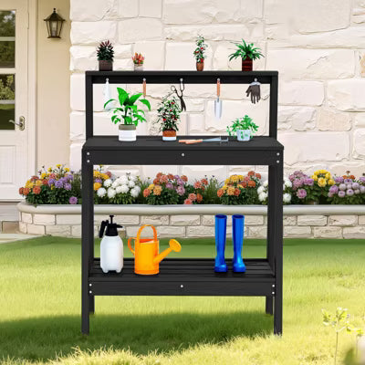 3-in-1 HDPE Potting Bench with Shelves and Hooks – Durable Outdoor & Indoor Planting Table
