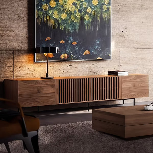 Luck Live Mid-Century Modern TV Stands 94.48" Consoles,up to100'' Media Centerw/ Cabinets & wood Doors&Metal Frame,Walnut-colored