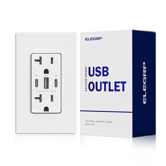 ELEGRP 30W 6.0 Amp 3-Port USB Wall Outlet, 20A Duplex Receptacle with Dual Type C & A Ports,UL Listed, w/Wall Plate,Matte White 1PC
