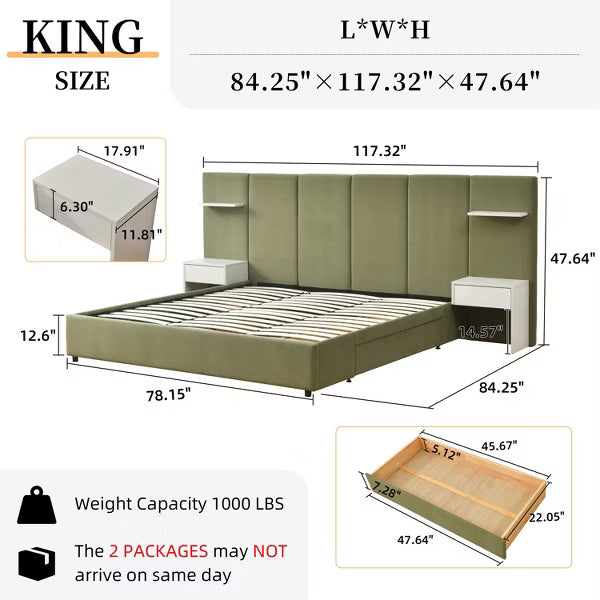 King Size Hotel Style Platform Bed,Storage Drawers Built-in Nightstands Floating Shelves,Noise-Free Sprung Wooden Slats,No Box Spring Needed,Green