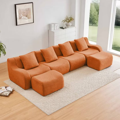 AENKYO Teddy Fabric Modular Deep Seat Sofa, 2 Pillows No Assembly Required Plush Boneless Sectional with Anti-Slip Base, Camel