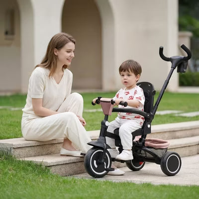 Kinder King 7-in-1 Kids Tricycle with Canopy, Adjustable Push Handle, One-Touch Brake, Lockable Front Wheel, All-Terrain Tires & Storage, Pink
