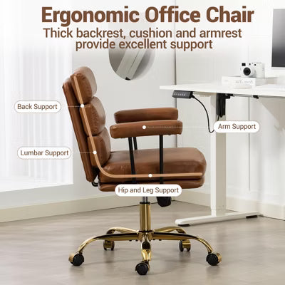 Bosmiller Faux Leather Home Office Desk Chair, Gold Base Vanity Chair with Wheels, Padded Seat and Armrests, Swivel Executive Computer Chair, Brown