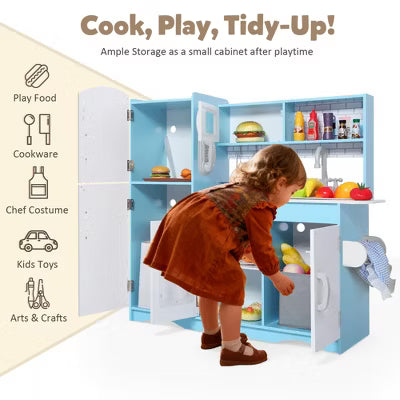 TODECARE Wooden Play Kitchen for Kids with Lighted Stove and Ice Maker, Realistic Kitchen Sets for Boys Girls Age 3+