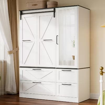 PAKASEPT 73" H Farmhouse Armoire Wardrobe Closet with Sliding Barn Door, LED Lights, Hanging Rod and 4 Drawers, Freestanding Wooden Wardrobe Closets