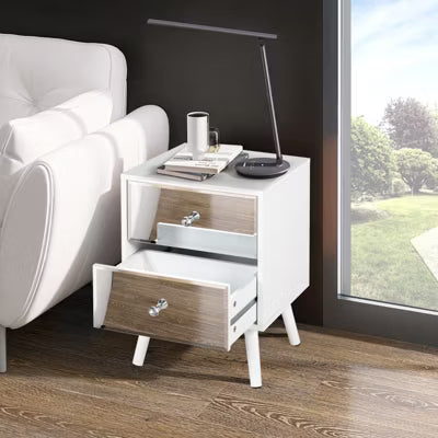 Set of 2 Modern Mirrored 2-Drawer Nightstands/Beside Table with Solid Wood Legs - White