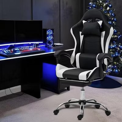 Bosmiller Gaming Chair with Massage Lumbar Support Ergonomic Video Game Chair, Adjustable Headrest & Footrest, White