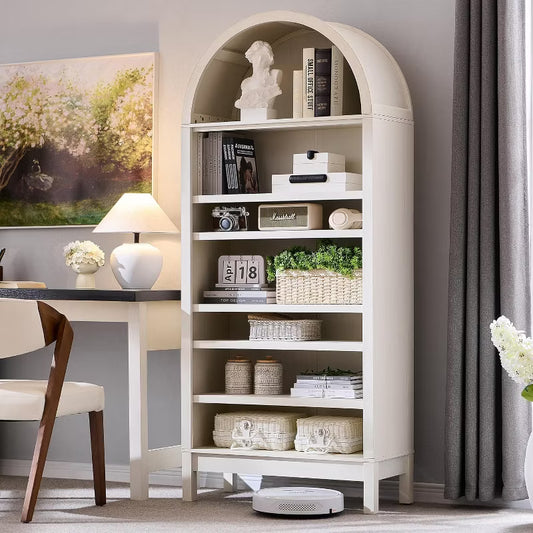 SinCiDo Arched Bookshelf, Modern Farmhouse Bookshelf Storage Cabinet w/Adjustable Shelves, Wood Bookshelf w/Open Display Shelf for Home Office