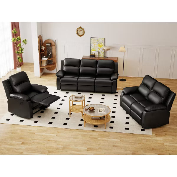 KERDOM 3-Seater Manual Recliner Sofa, PU Leather Reclining Couch, 3-Position Reclining Living Room Sofa，Black