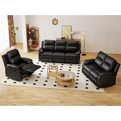 KERDOM 3-Seater Manual Recliner Sofa, PU Leather Reclining Couch, 3-Position Reclining Living Room Sofa，Black