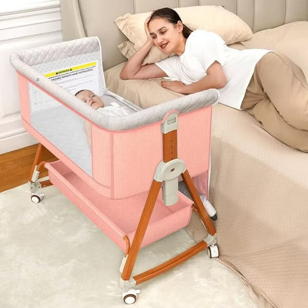 Foalom Baby Bassinet 3 in 1 Foldable Portable Crib,6 Adjustable Height,with Wheels
