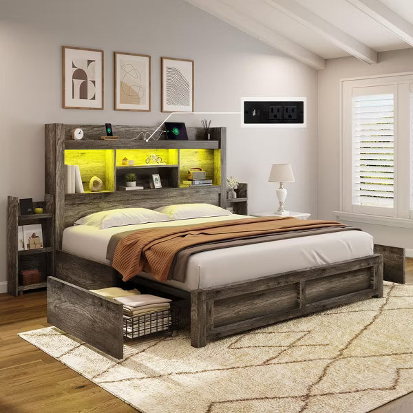 AMERLIFE Bed Frame with Drawers, LED, Bookcase Headboard, Charging, Shelves