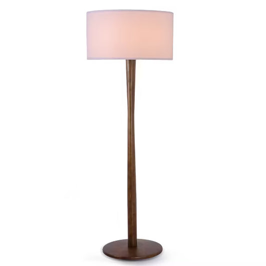 61" Modern Walnut Wood Column Floor Lamp with White Linen Drum Shade for Living Room, Bedroom, Office, Study, Hallway & Entryway