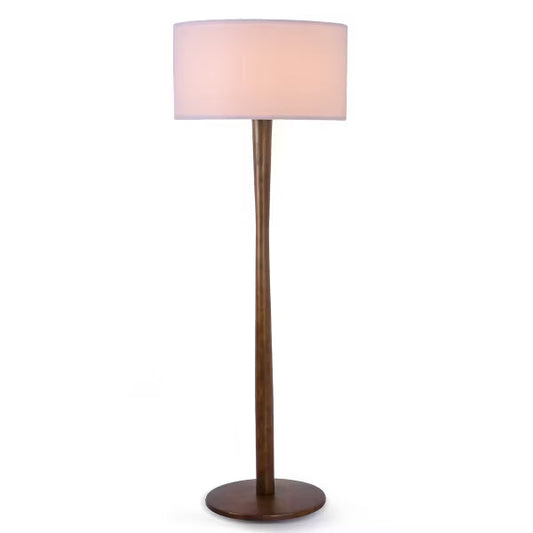 61" Modern Walnut Wood Column Floor Lamp with White Linen Drum Shade for Living Room, Bedroom, Office, Study, Hallway & Entryway