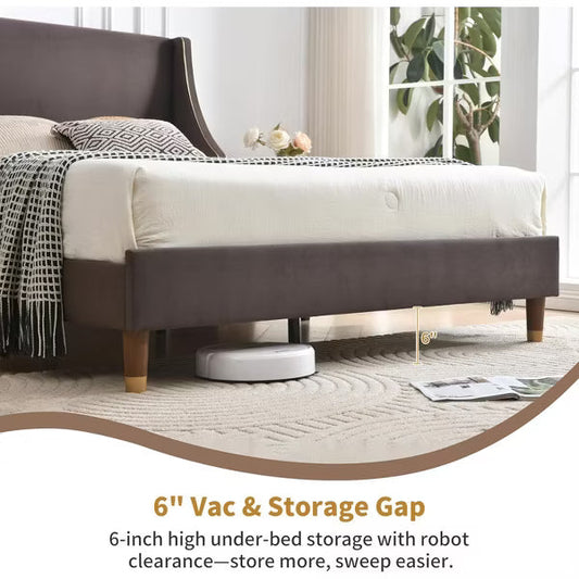 Wingback Linen Upholstered Bed Frame - Sturdy Metal+13 Slats, Noiseless Design, Anti-Slip Feet, 5.1" Ventilation, No Box Spring, Easy Assembly