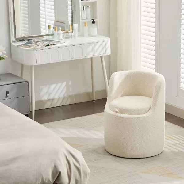 HYLEORY Makeup Ottoman with Storage, Upholstered Vanity Stool with Foldable Backrest Modern Cylindrical Footrest Stool for Living Room Bedroom