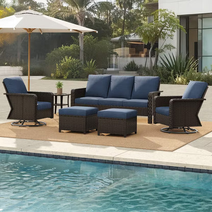 SUGOLD 6-Piece Wicker Patio Conversation Set with 3-Seat Sofa, 2 Swivel Rocking Chairs, 2 Ottomans, Side Table, Comfortable Blue Cushions