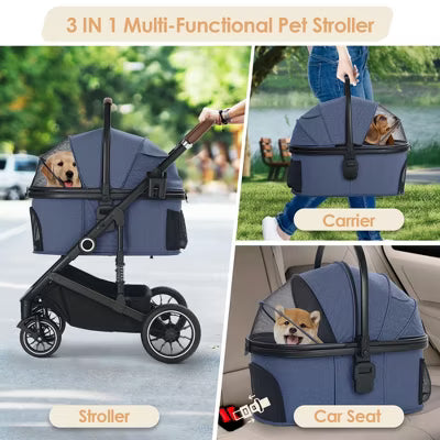 TODECARE 3-in-1 Folding Pet Stroller for Small to Medium Dogs and Cats up to 50 lbs with Storage Basket, Black