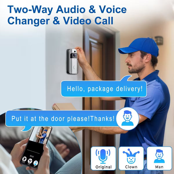 VEATOOL Wireless Doorbell Camera: 1080P, Chime, 2-Way Audio, PIR Motion Detection, Night Vision, Battery-Powered