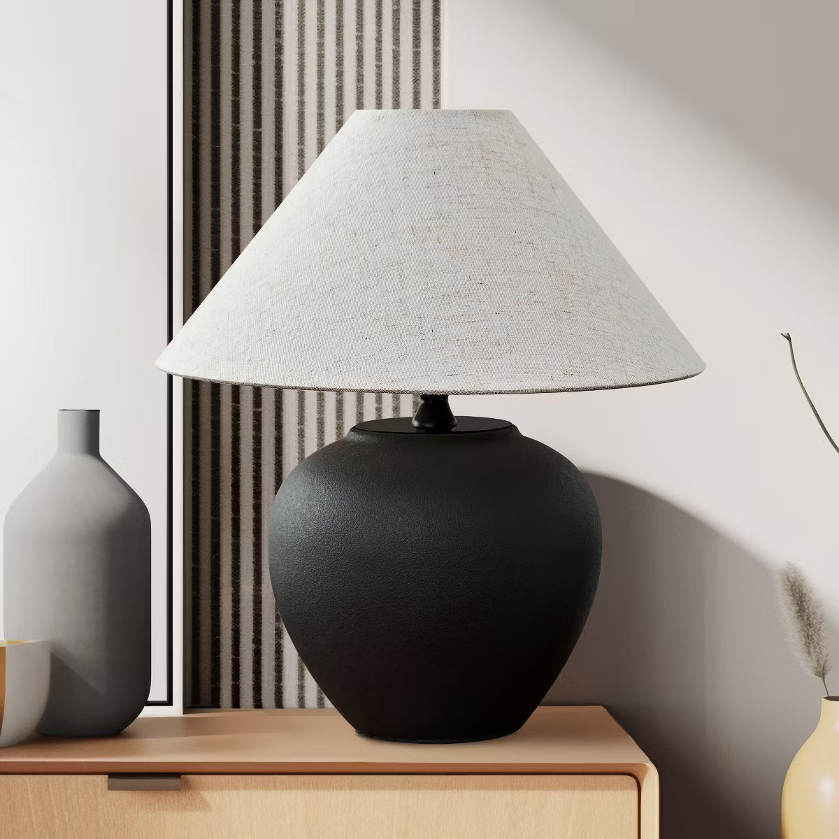 POWLIG 15.75" Modern Porcelain Table Lamp with Fabric Shade - Bedside Lamp for Bedroom & Living Room
