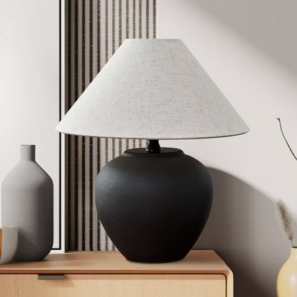 POWLIG 15.75" Modern Porcelain Table Lamp with Fabric Shade - Bedside Lamp for Bedroom & Living Room