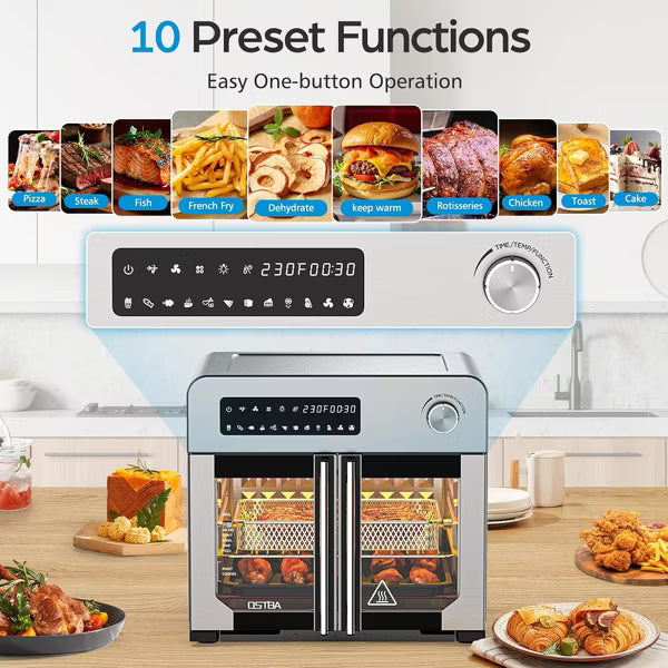 OSTBA 24QT French Door Air Fryer Toaster Oven Combo, 10-in-1 Convection Oven, 30% Faster Cooking, 90% Less Oil, 7 Accessories, Stainless Steel
