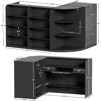 PAKASEPT L-Shaped Reception Desk with Counter for Retail & Checkout, Front Reception Counter with Drawers & Shelves, for Beauty Salon,Shop,Bar, Black